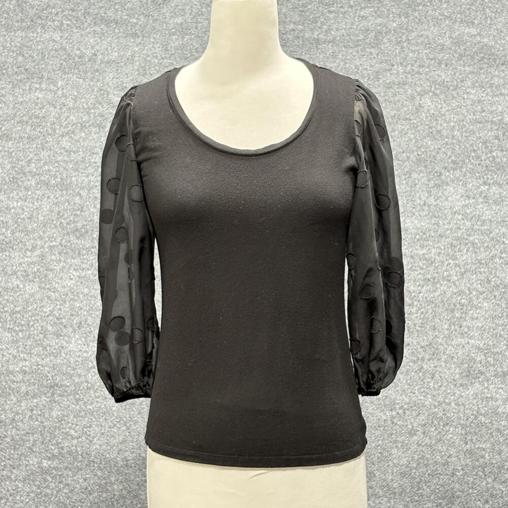 Tahari Shirt Womens Small Black Sheer Puff Sleeve Scoop Neck Polka Dot Mesh